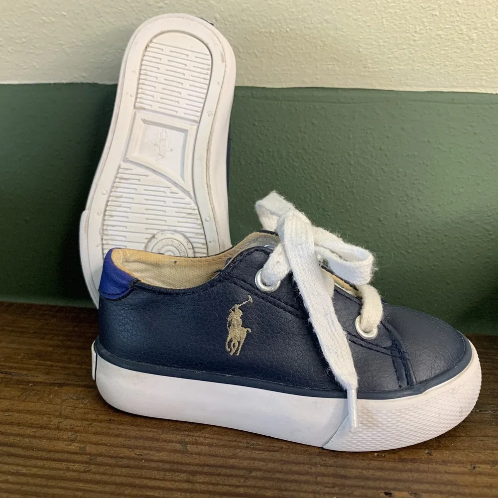 Polo Ralph Lauren Toddler Shoes US sz 5 Blue & White Pony Faux Leather Lace Up